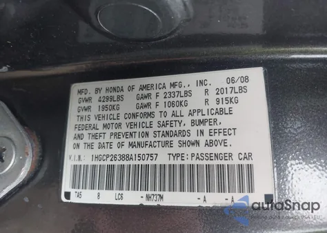 2008 Honda Accord 2.4 Lx z USA, uszkodzony, nr VIN 1HGCP26388A150757
